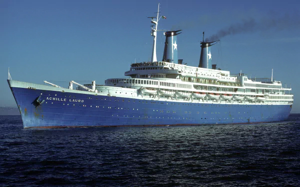 HD desktop wallpaper of the MS Achille Lauro, a large ocean liner cruise ship sailing on calm waters under a clear sky.