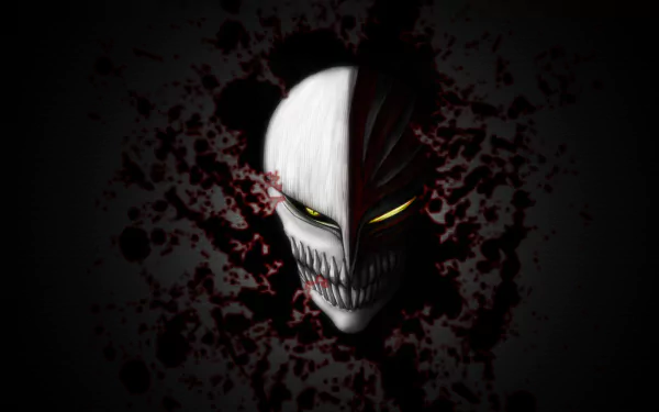 HD desktop wallpaper featuring Hollow Ichigo from the anime Bleach. The image showcases a menacing mask with glowing yellow eyes against a dark, splattered background.
