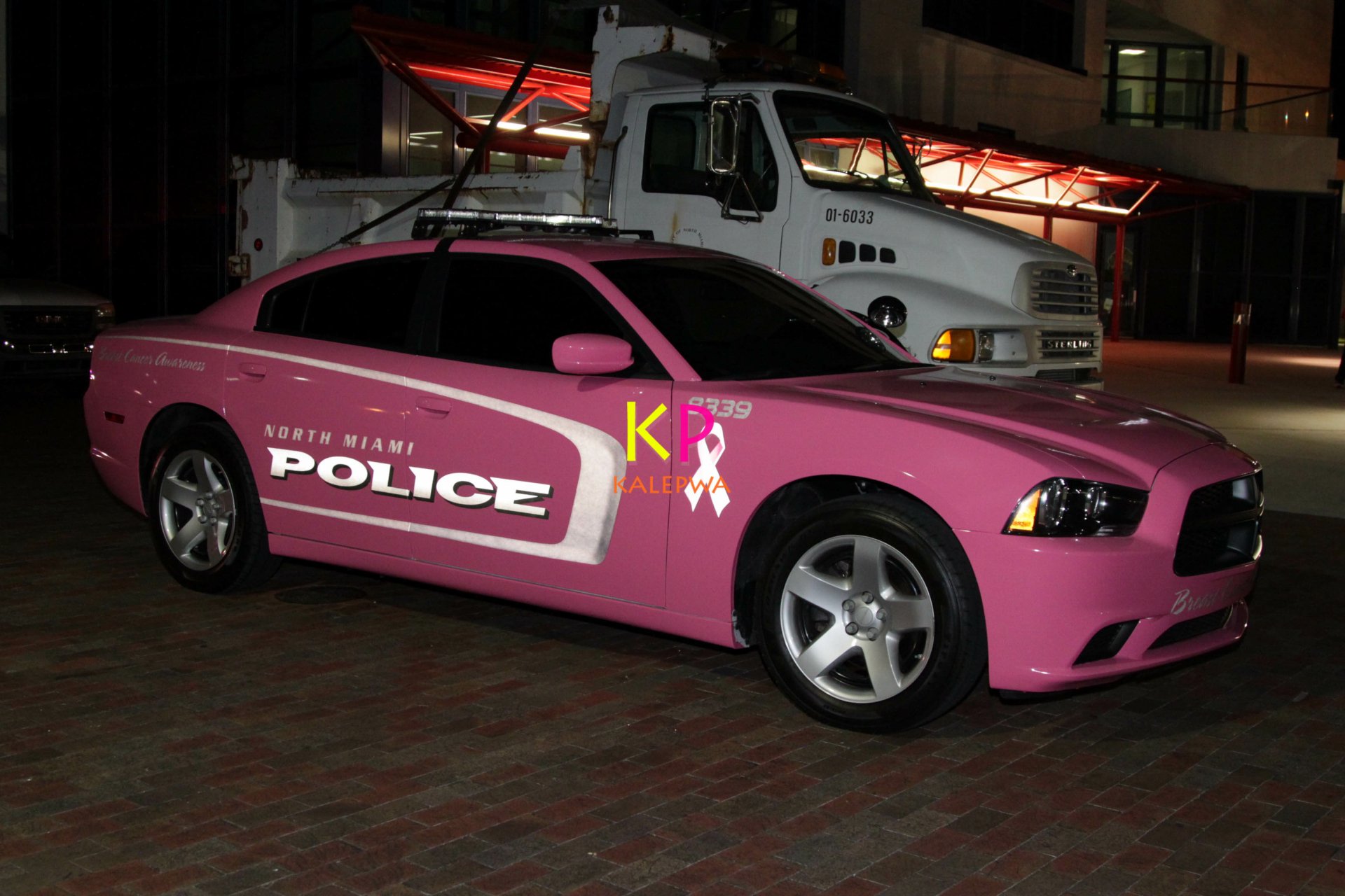 2K Quad HD PC desktop wallpaper and background of a pink police car — a patrol vehicle parked at night in an urban setting.