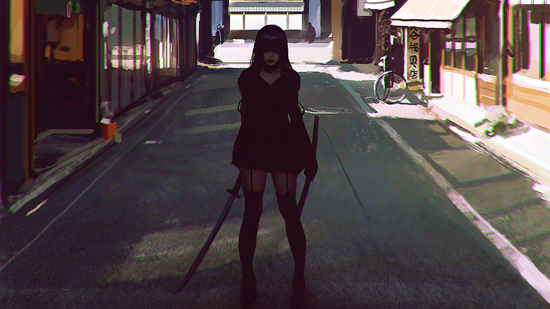 Artistic HD desktop wallpaper featuring a woman standing confidently in a shadowed street with swords, blending dark tones and urban elements.