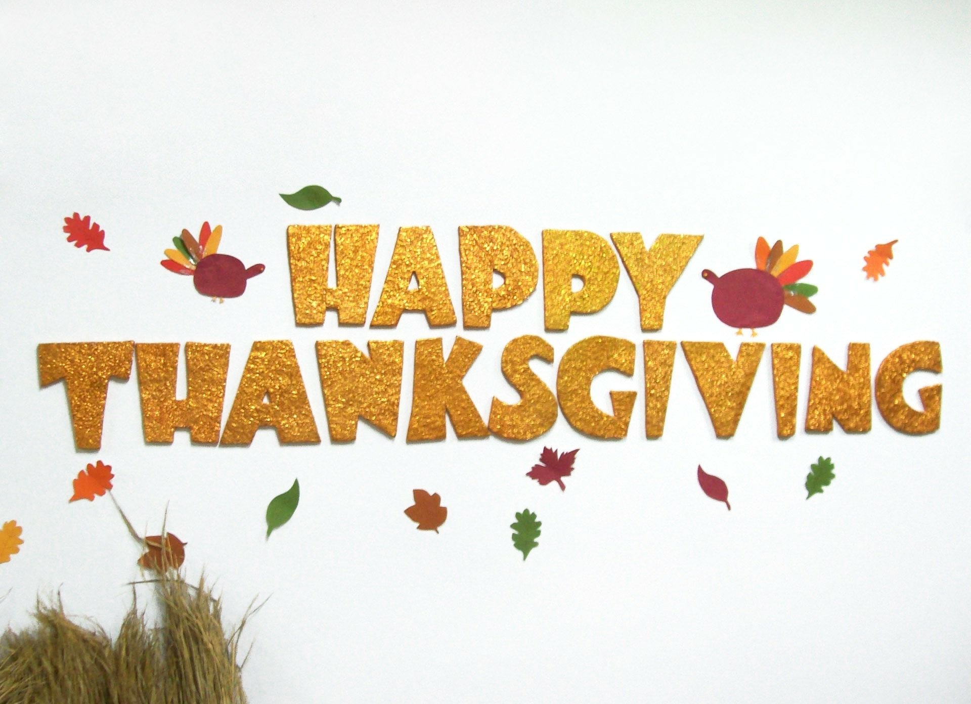 HD PC desktop wallpaper background: glittery HAPPY THANKSGIVING letters with two cartoon turkeys and scattered autumn leaves on a white background — holiday Thanksgiving design.