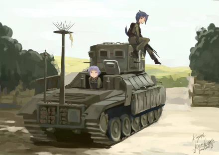 HD PC desktop wallpaper featuring anime characters from Upotte!! sitting on a military tank in a rural landscape.