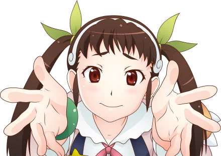 A vibrant 4K Ultra HD wallpaper featuring Mayoi Hachikuji from the Monogatari Series, showcasing her cheerful expression and iconic greenery in her hair.