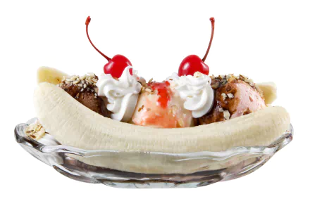 HD desktop wallpaper featuring a classic banana split with scoops of ice cream, whipped cream, cherries, and nuts in a glass dish on a white background.