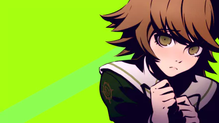 Chihiro Fujisaki from Danganronpa is featured in this vibrant HD anime wallpaper, showcasing her expressive face against a bold green background.