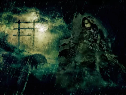 A dark and atmospheric HD desktop wallpaper inspired by the video game S.T.A.L.K.E.R., featuring a hooded figure amidst a stormy backdrop with eerie lighting and storm clouds.