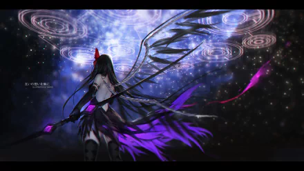 A striking HD wallpaper featuring Homura Akemi from the anime Puella Magi Madoka Magica, showcasing her powerful stance against a mystical, cosmic background.