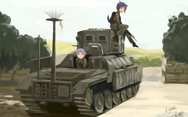 HD PC desktop wallpaper featuring anime characters from Upotte!! sitting on a military tank in a rural landscape.
