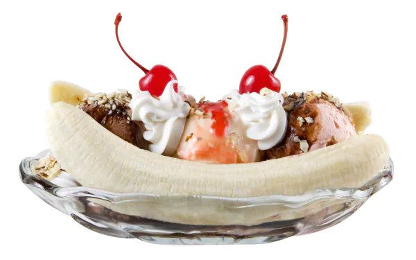 HD desktop wallpaper featuring a classic banana split with scoops of ice cream, whipped cream, cherries, and nuts in a glass dish on a white background.