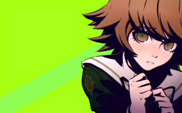 Chihiro Fujisaki from Danganronpa is featured in this vibrant HD anime wallpaper, showcasing her expressive face against a bold green background.