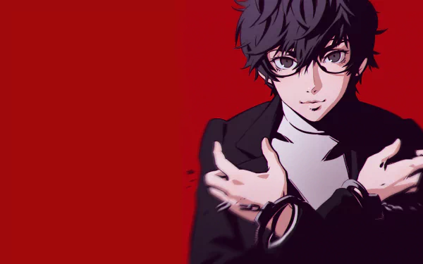 HD PC desktop wallpaper featuring Joker from Persona 5, showcasing the iconic video game character against a bold red background.
