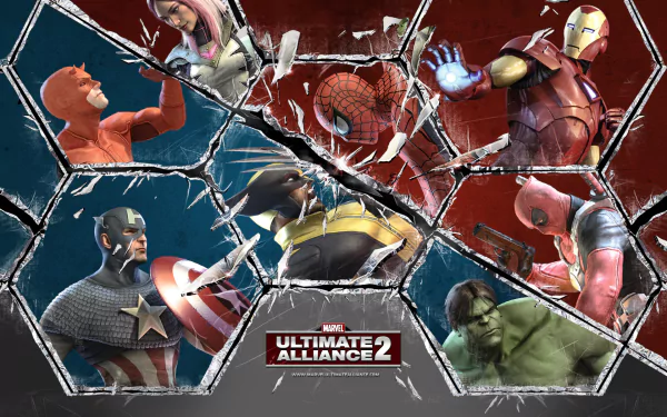 HD PC wallpaper showing Songbird, Iron Man, Daredevil, Spider-Man, Wolverine, Deadpool, Hulk and Captain America in hexagonal shards around the Marvel: Ultimate Alliance 2 video game logo.