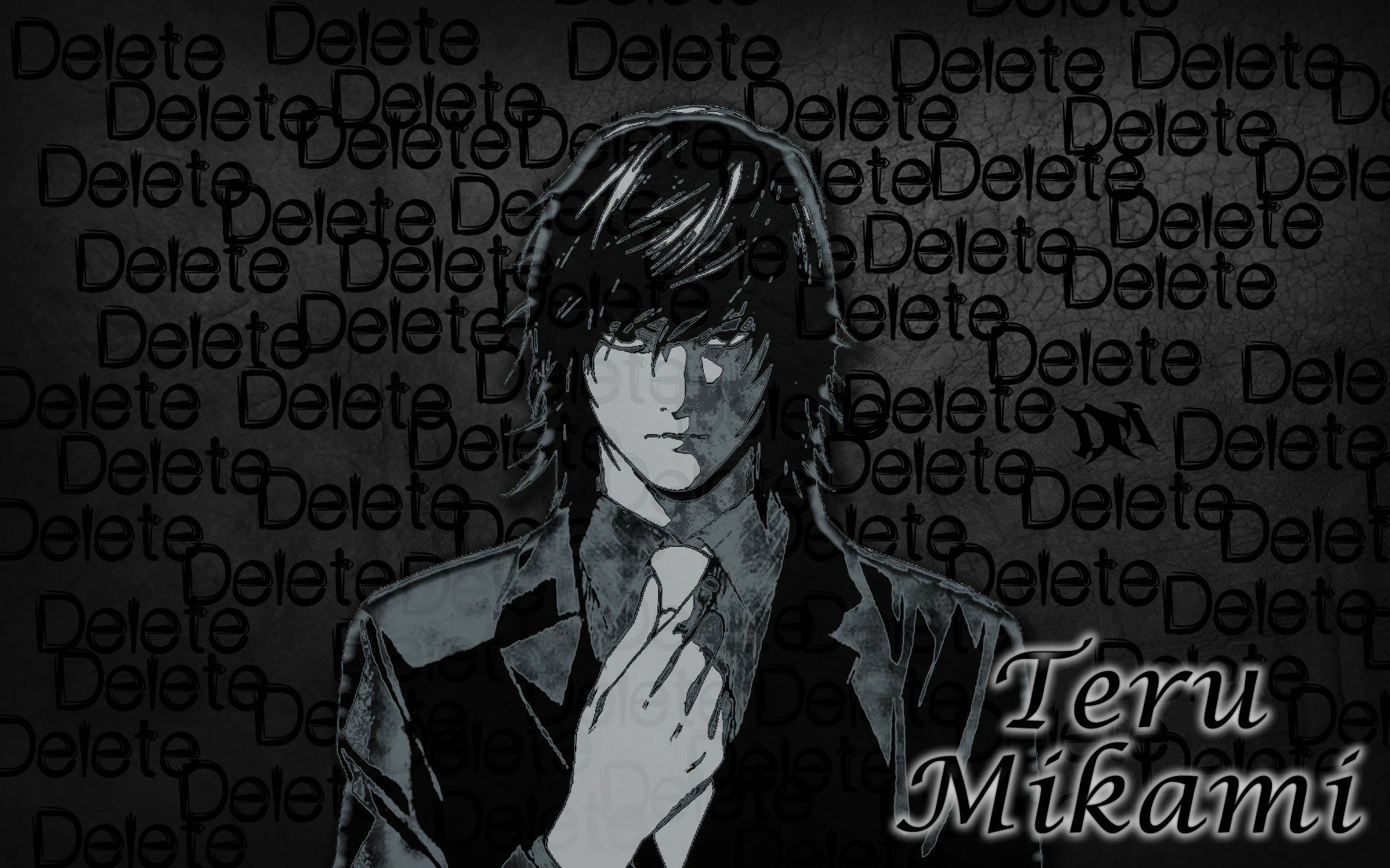 HD anime PC desktop wallpaper of Death Note character Teru Mikami: moody, shadowed portrait with repeating Delete text across a dark background.