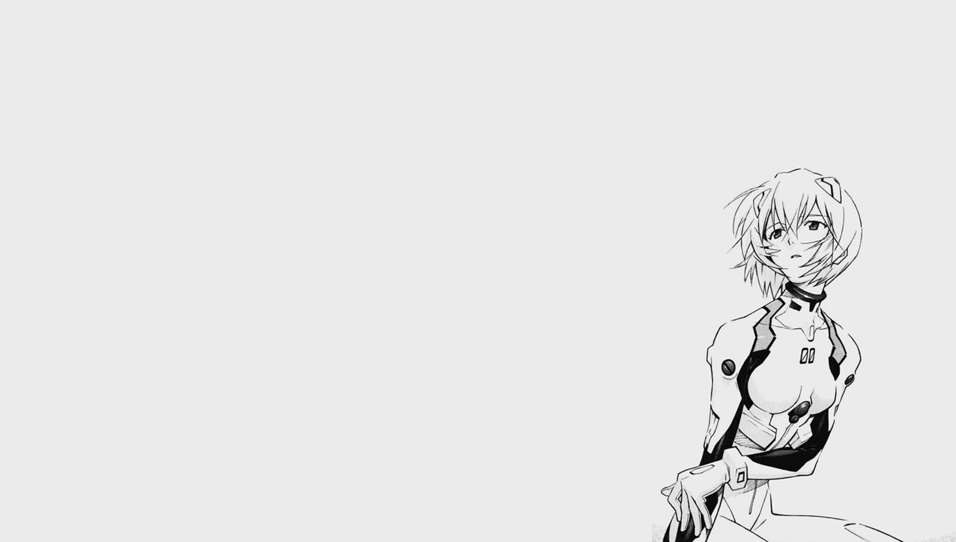 HD PC desktop wallpaper featuring an anime-style character from Neon Genesis Evangelion on a minimalist light gray background.