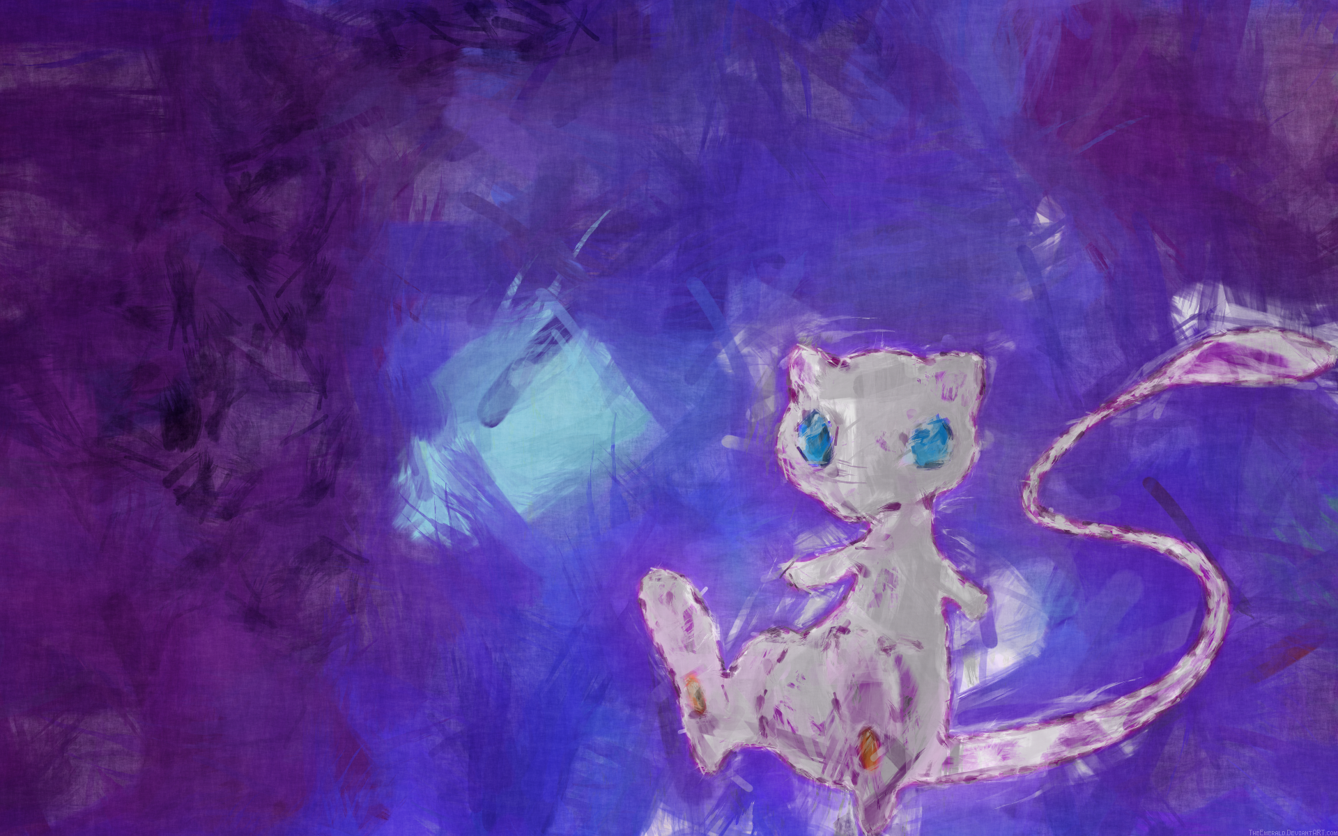 HD PC desktop wallpaper featuring Mew from Pokémon in a dreamy, purple-toned anime-style background.