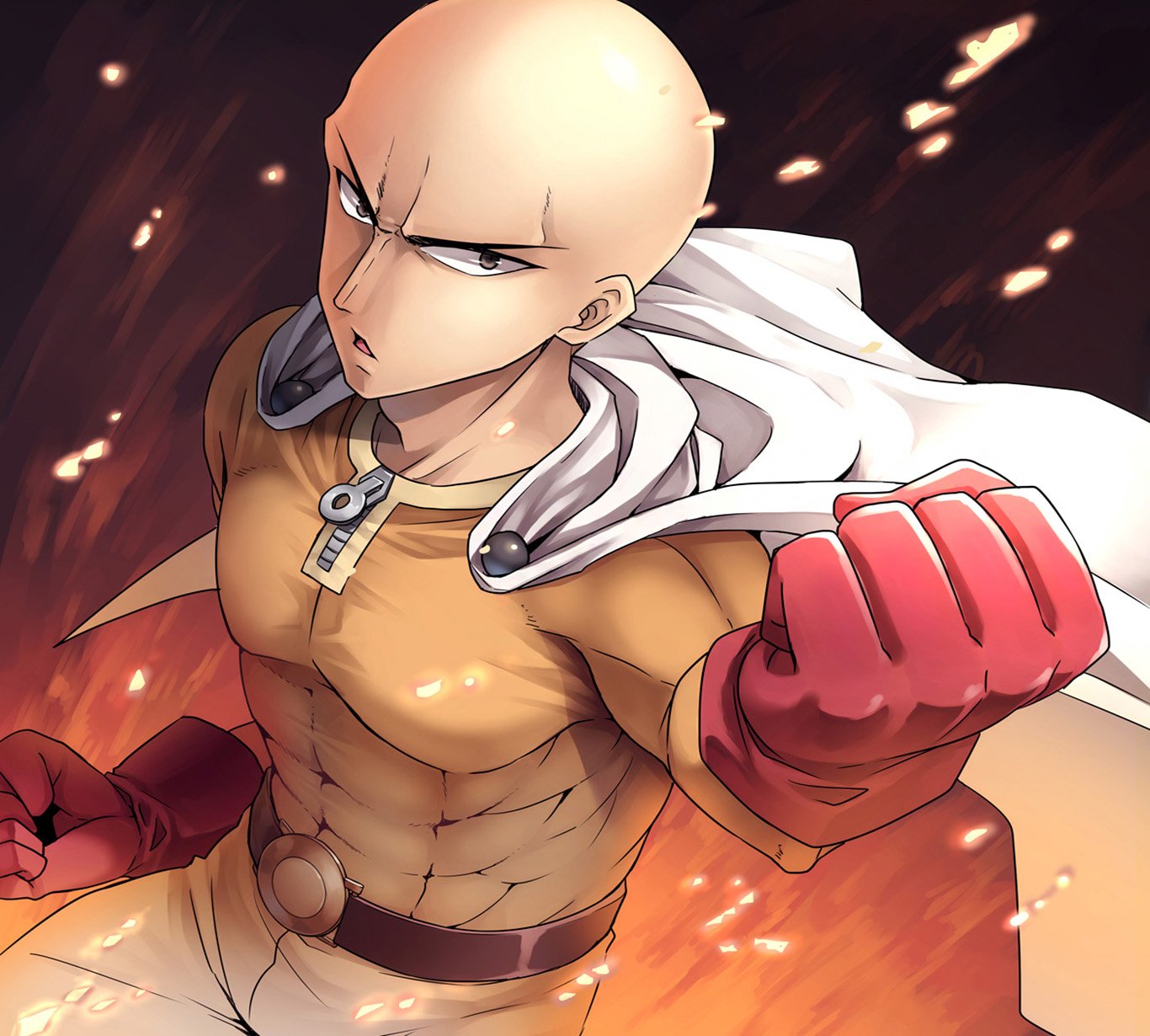 HD wallpaper featuring Saitama from One-Punch Man, showcasing the hero in a dynamic pose, ready for battle with a determined expression amidst a fiery background.