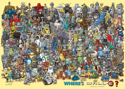 A vibrant HD desktop wallpaper featuring a diverse array of robots from the movie Wall·E, creating a captivating scene rich in detail and color.