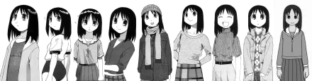 HD PC desktop wallpaper: monochrome Azumanga Daioh manga-style image of several schoolgirls in casual outfits lined up, each with a different expression.