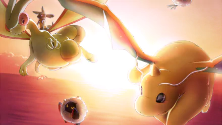 A vibrant HD wallpaper featuring Shelgon, Lucario, Flygon, Altaria, and Dragonite soaring through a colorful sunset, celebrating dragon Pokémon in a stunning anime style.
