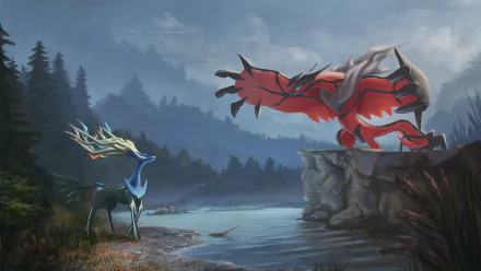 HD desktop wallpaper featuring legendary Pokémon Yveltal and Xerneas in an anime style, set in a serene mountainous landscape by a lake.