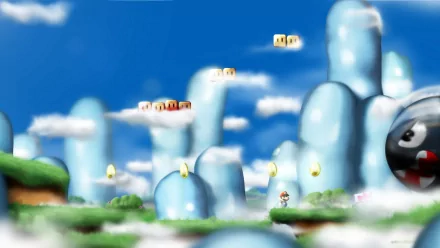 A vibrant HD wallpaper featuring Mario amidst whimsical, cloud-like hills and floating blocks, capturing the essence of classic video game adventures.