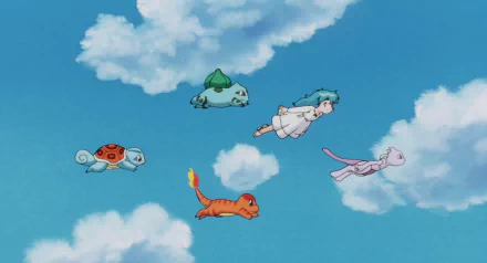 A vibrant HD wallpaper featuring Pokémon Ambertwo, Mewtwo, Charmander, Bulbasaur, and Squirtle floating amidst fluffy clouds, inspired by Pokémon: The First Movie.
