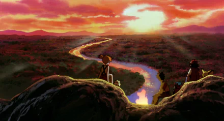 Sunset over a winding river with Ash, Misty, Brock, Pikachu, and Togepi from Pokémon: The First Movie, captured in a vibrant anime sky HD desktop wallpaper.