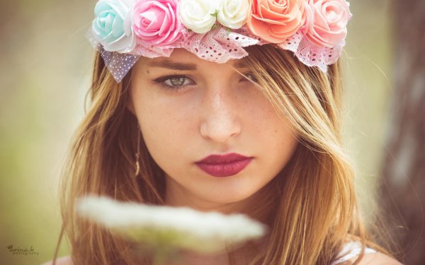 Women Face Model Flower Bokeh Blonde Blue Eyes HD Wallpaper | Background Image