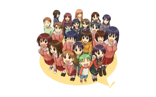 HD PC desktop wallpaper featuring the full cast of Azumanga Daioh in their signature anime style, standing together with cheerful expressions.