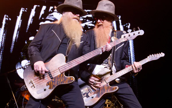 ZZ Top performing live, featuring two band members with long beards playing electric guitars, captured in a 4K Ultra HD PC desktop wallpaper and background.