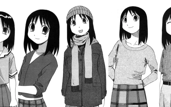HD PC desktop wallpaper: monochrome Azumanga Daioh manga-style image of several schoolgirls in casual outfits lined up, each with a different expression.