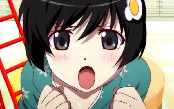 HD anime desktop wallpaper featuring a blushing Tsukihi Araragi from the Monogatari series with wide eyes and a surprised expression.