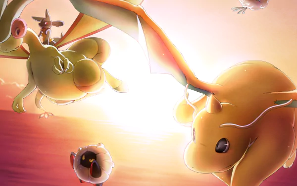 A vibrant HD wallpaper featuring Shelgon, Lucario, Flygon, Altaria, and Dragonite soaring through a colorful sunset, celebrating dragon Pokémon in a stunning anime style.