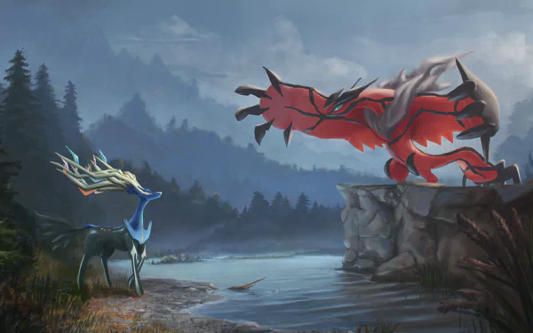 HD desktop wallpaper featuring legendary Pokémon Yveltal and Xerneas in an anime style, set in a serene mountainous landscape by a lake.