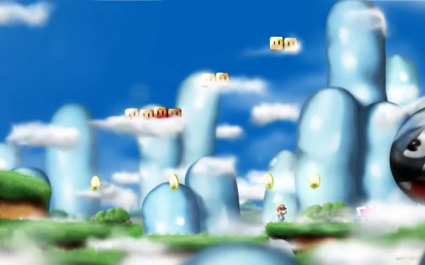 A vibrant HD wallpaper featuring Mario amidst whimsical, cloud-like hills and floating blocks, capturing the essence of classic video game adventures.