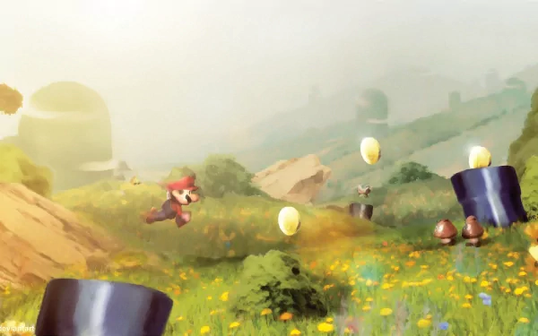 A vibrant HD PC desktop wallpaper featuring Mario jumping through a whimsical landscape filled with flowers and question mark blocks, capturing the essence of classic video game adventures.