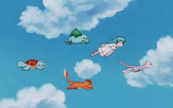 A vibrant HD wallpaper featuring Pokémon Ambertwo, Mewtwo, Charmander, Bulbasaur, and Squirtle floating amidst fluffy clouds, inspired by Pokémon: The First Movie.