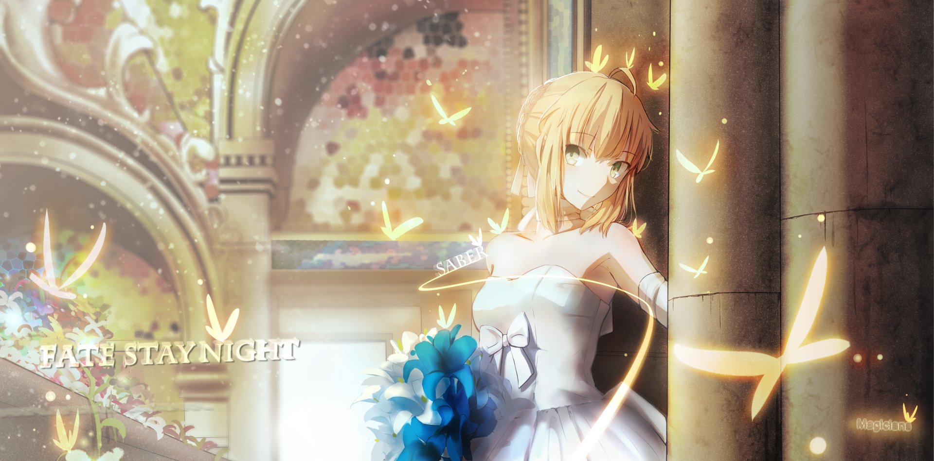 A blonde bride in a wedding dress, inspired by Saber from the Fate/Stay Night series, stands elegantly beside a column, surrounded by ethereal butterflies and a vivid background.
