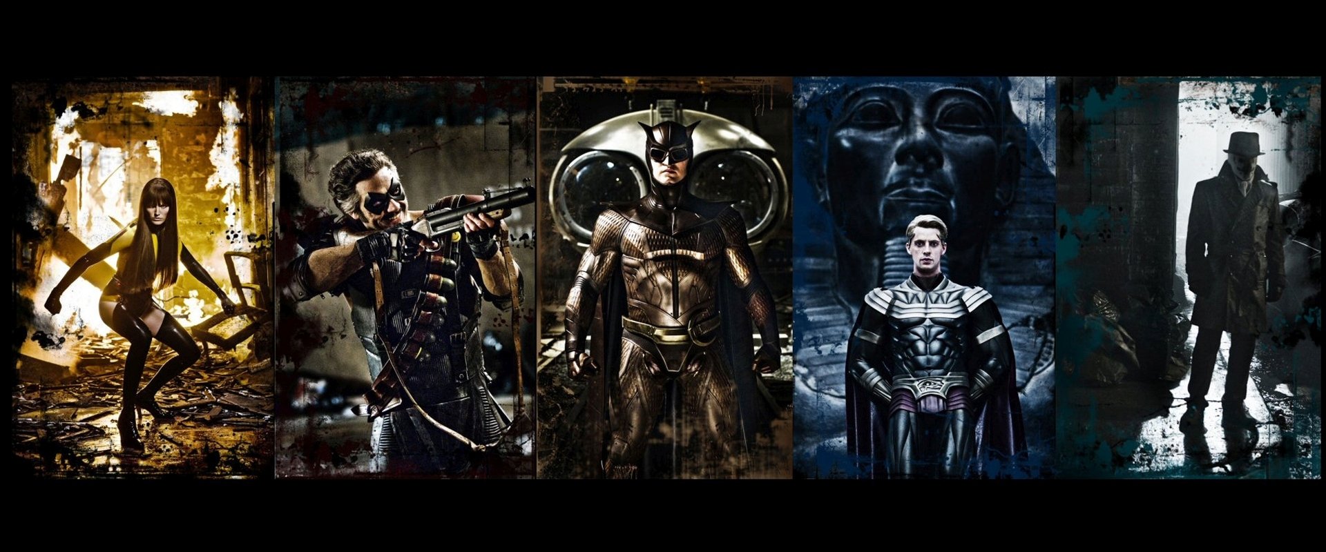 HD PC desktop wallpaper and background, movie Watchmen: three-panel image of a gun-wielding masked vigilante, an armored owl-hero, and a regal mastermind on a gritty dark backdrop.