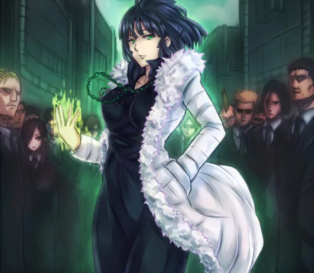 Fubuki from One-Punch Man stands confidently in an urban setting, surrounded by shadows, showcasing her powerful aura and striking style. An engaging HD anime wallpaper.