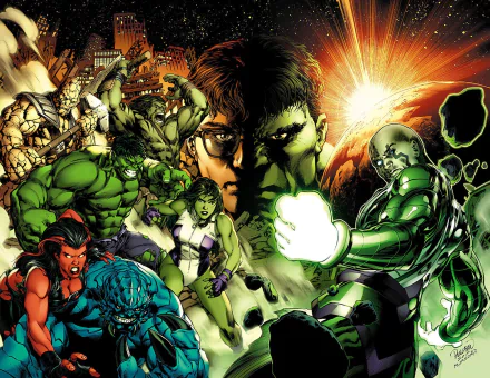 HD PC desktop wallpaper featuring dynamic comic-style illustrations of She-Hulk, Hulk, and other powerful characters in intense action scenes.
