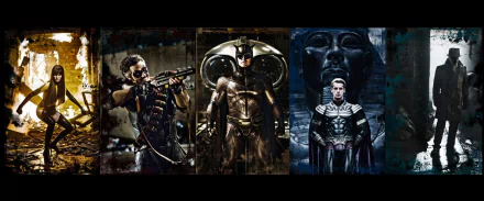 HD PC desktop wallpaper and background, movie Watchmen: three-panel image of a gun-wielding masked vigilante, an armored owl-hero, and a regal mastermind on a gritty dark backdrop.
