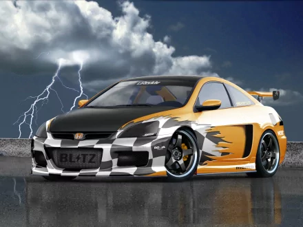 A vibrant Honda vehicle features striking graphics, set against a dramatic stormy background with lightning. This HD wallpaper serves as an eye-catching desktop background.