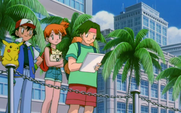 A colorful HD desktop wallpaper featuring Ash Ketchum, Misty, and Tracey from Pokémon: The Movie 2000, with Pikachu beside them and palm trees in the background.