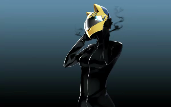 Celty Sturluson from the anime Durarara!! stands in an HD desktop wallpaper with a striking helmet and a sleek black outfit, surrounded by a mysterious aura.