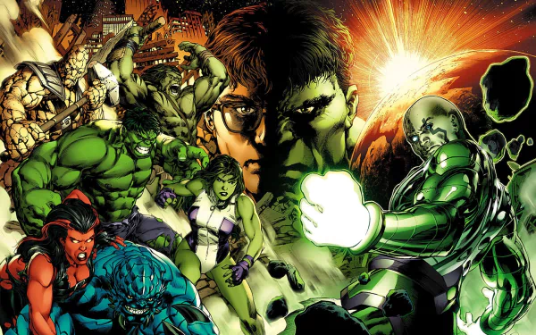 A dynamic comic-style image featuring She-Hulk, Hulk, and other iconic characters, showcasing vibrant action and dramatic effects, perfect as a high-definition desktop wallpaper.