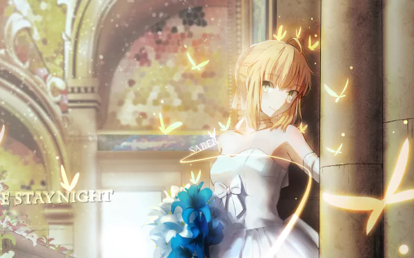 A blonde bride in a wedding dress, inspired by Saber from the Fate/Stay Night series, stands elegantly beside a column, surrounded by ethereal butterflies and a vivid background.