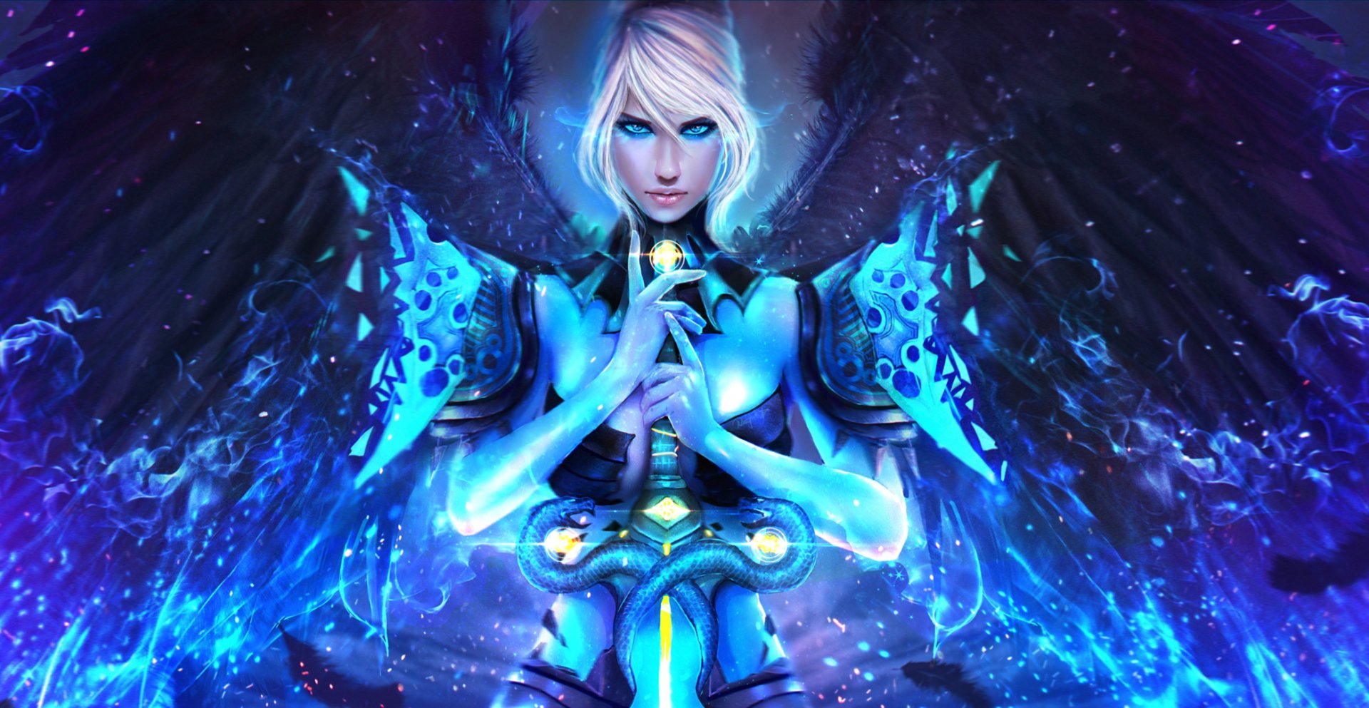 A fierce woman warrior stands proudly, wielding a magic sword surrounded by vibrant blue energy, embodying the epic fantasy of Guild Wars 2 in this stunning HD wallpaper.