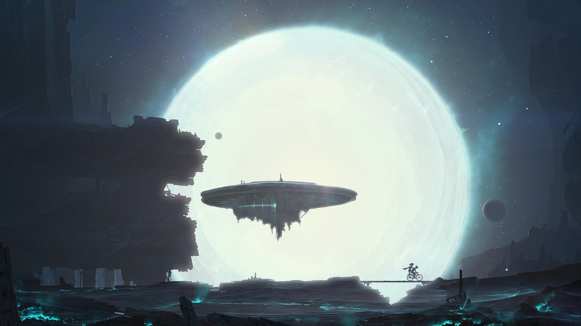 Sci-fi HD PC desktop wallpaper featuring a futuristic spaceship hovering above a dark alien landscape with a large glowing planet in the background.