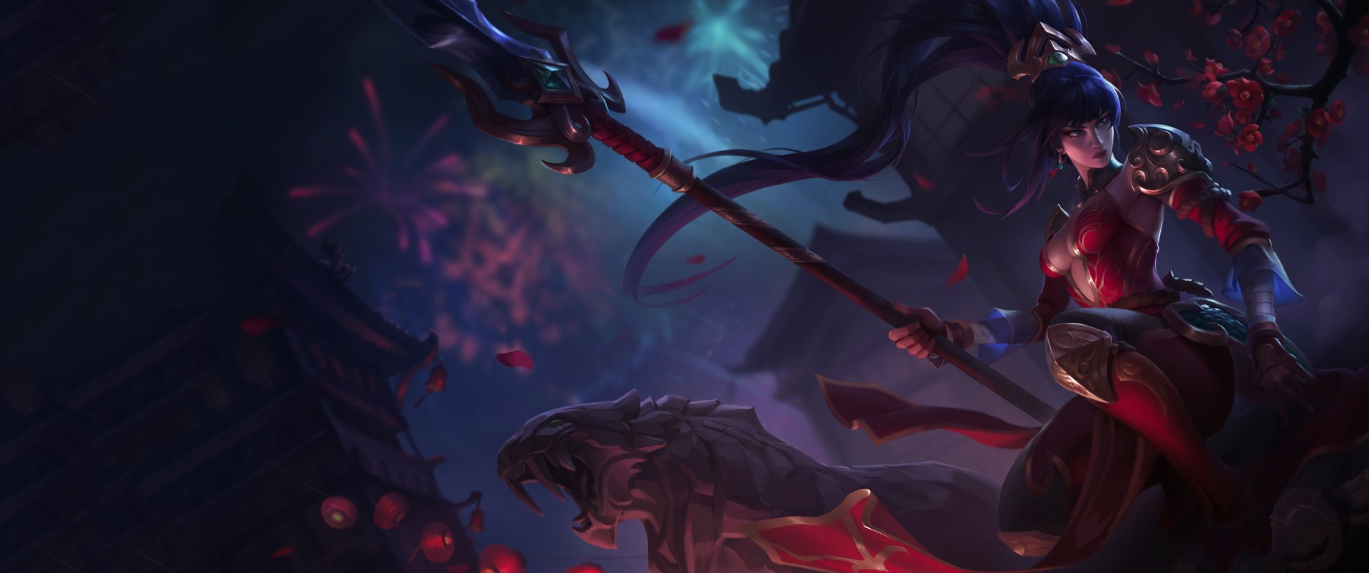 Nidalee from League of Legends stands poised with her spear in a vibrant, dynamic scene, surrounded by dramatic lighting and a dark, mysterious atmosphere, featuring a fierce creature by her side.